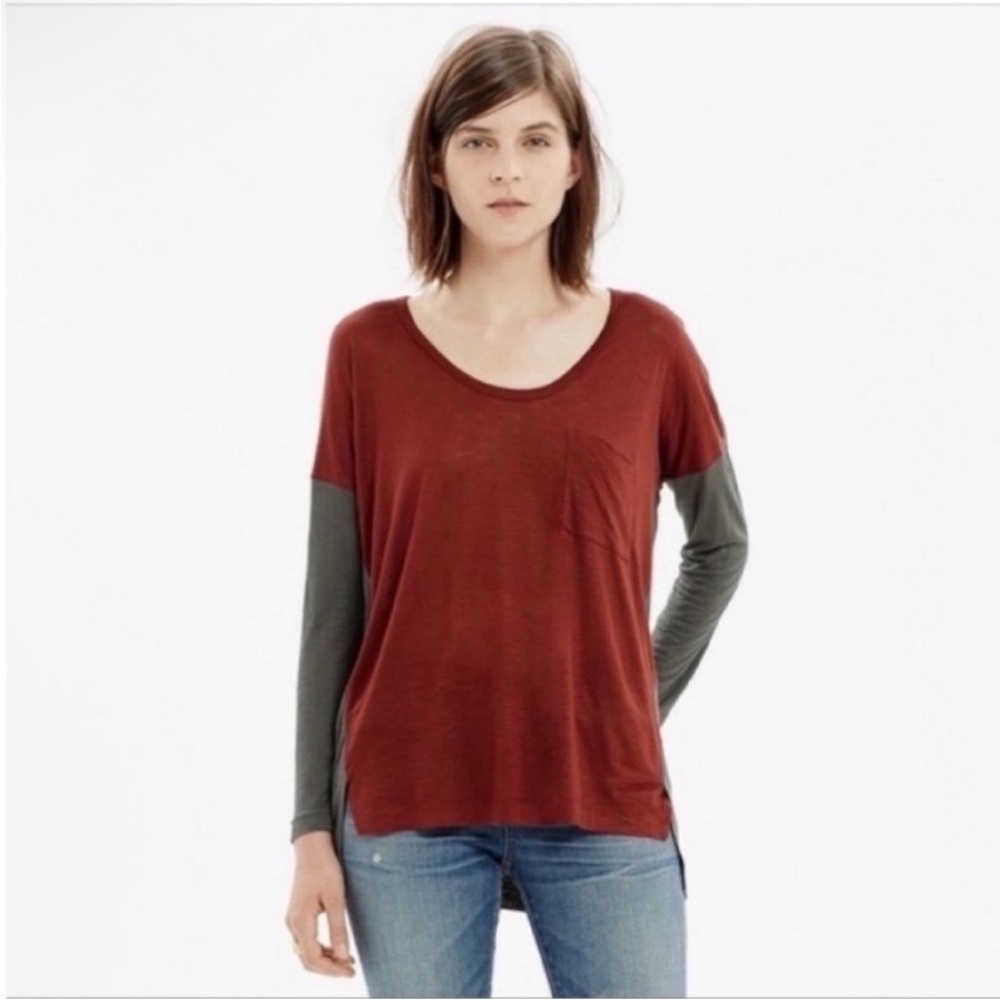 Madewell Roster t-shirt red gray colorblock scoop neck long sleeves